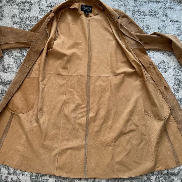 Guess Brown Leather Suede Long Duster Coat Buttons Small Western Cowgirl - Picture 6 of 6